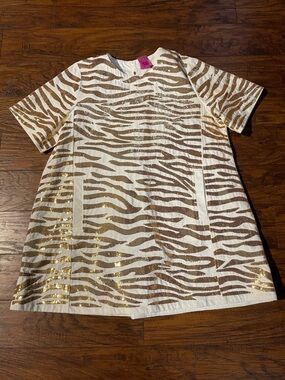 QUEEN OF SPARKLES gold tiger striped white denim dress